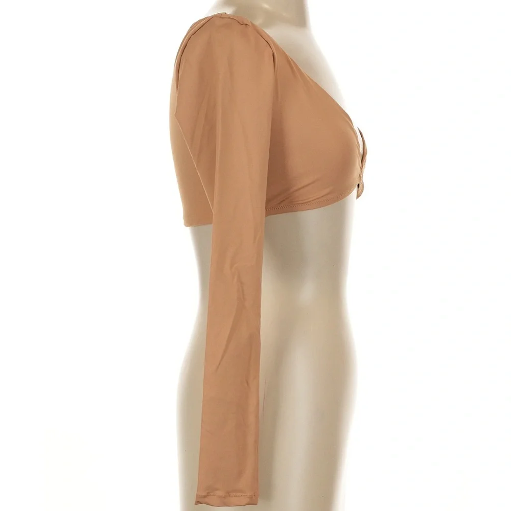 Long-Sleeve Nude Crop Swim Top